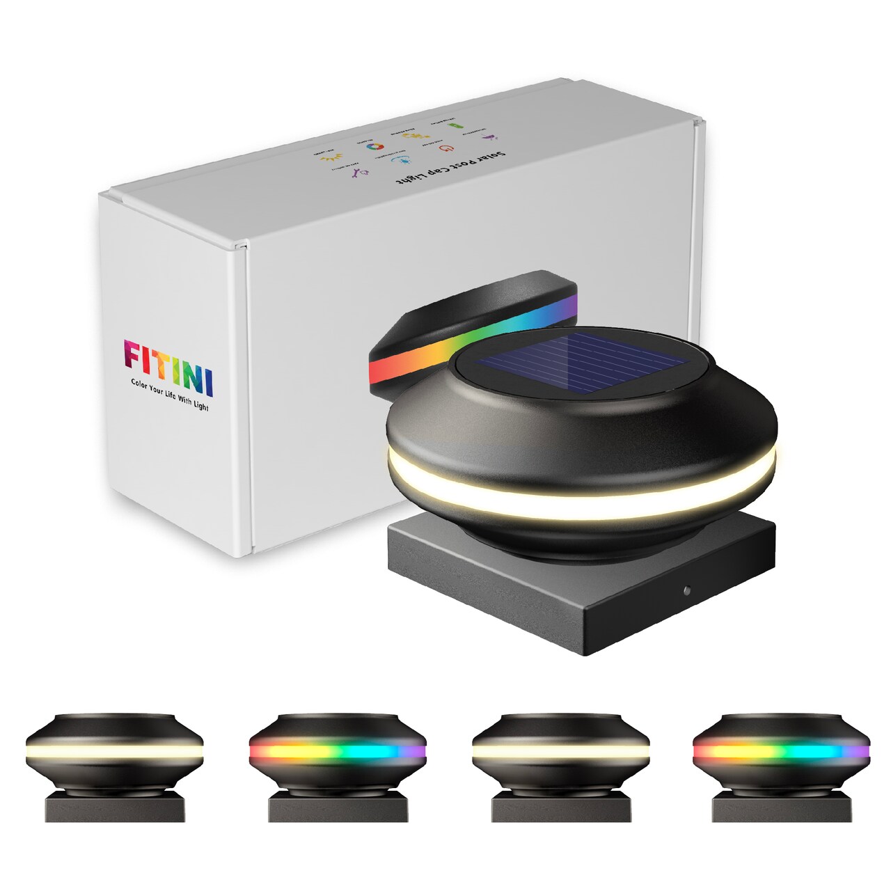 Black Round Solar Powered Post Cap Lights for Wood or Vinyl Posts, Warm White/Colorful(Set Of 4)